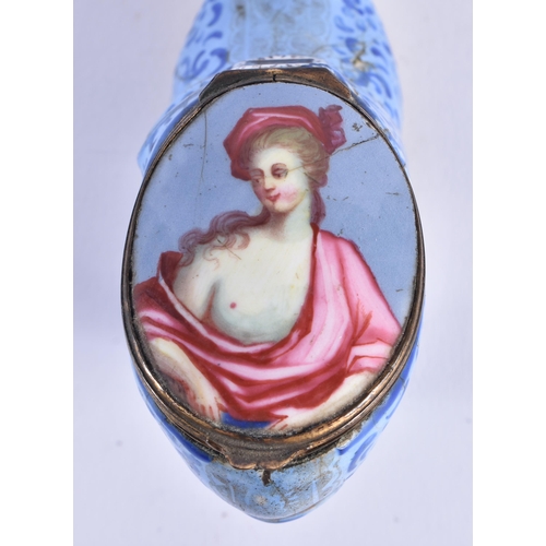 296 - A VERY RARE 18TH CENTURY BILSTON ENAMEL SHOE FORM SNUFF BOX painted with a portrait of a female. 9.5... 