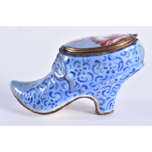 296 - A VERY RARE 18TH CENTURY BILSTON ENAMEL SHOE FORM SNUFF BOX painted with a portrait of a female. 9.5... 