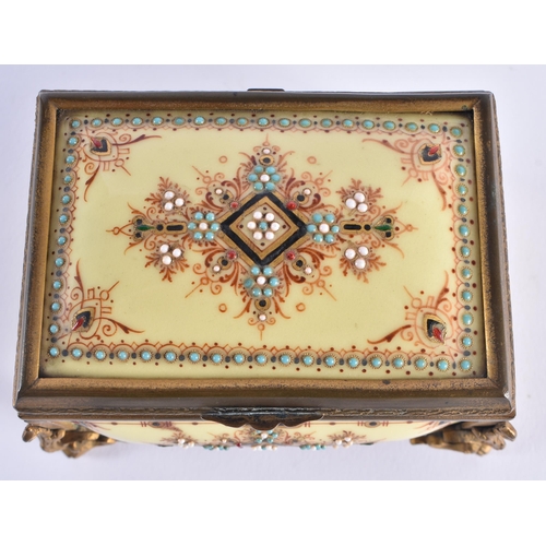 298 - AN UNUSUAL MID 19TH CENTURY FRENCH JEWELLED CREAMY GLASS CASKET decorated with turquoise and motifs.... 