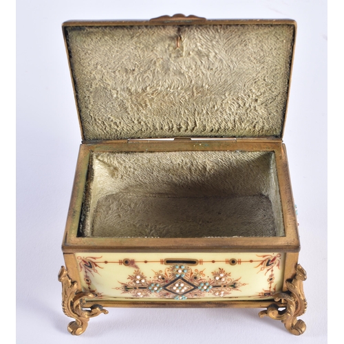 298 - AN UNUSUAL MID 19TH CENTURY FRENCH JEWELLED CREAMY GLASS CASKET decorated with turquoise and motifs.... 