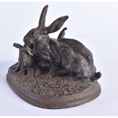 299 - Attributed to Pierre Jules Mene (1810-1879) Cast iron, Hares upon foliage. 14 cm x 9 cm.