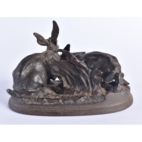 299 - Attributed to Pierre Jules Mene (1810-1879) Cast iron, Hares upon foliage. 14 cm x 9 cm.