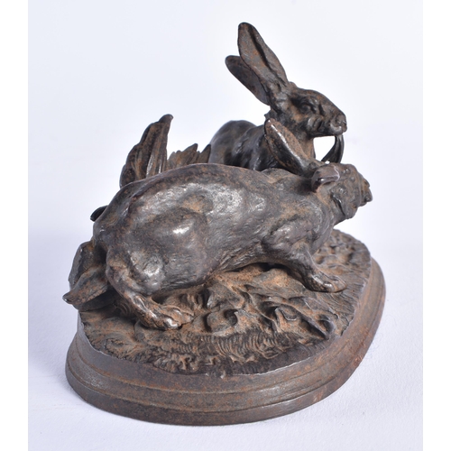 299 - Attributed to Pierre Jules Mene (1810-1879) Cast iron, Hares upon foliage. 14 cm x 9 cm.