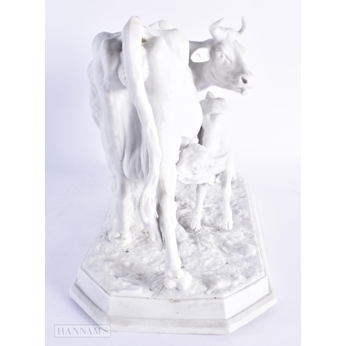 30 - A 19TH CENTURY EUROPEAN PARIAN BISQUE PORCELAIN FIGURE OF A COW AND CALF modelled upon a naturalisti... 