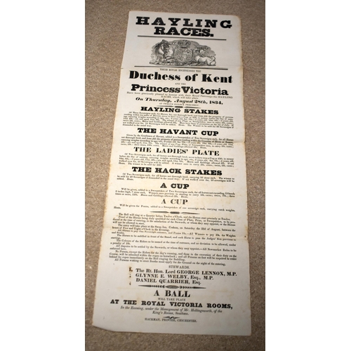 314 - Hayling Races, tall broadside, printed by Hackman, Chichester 1834, unframed