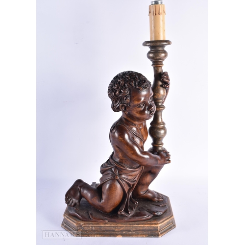 33 - A LARGE 18TH/19TH CENTURY ITALIAN CARVED WOOD LAMP modelled holding aloft a candlestick. 52 cm x 24 ... 