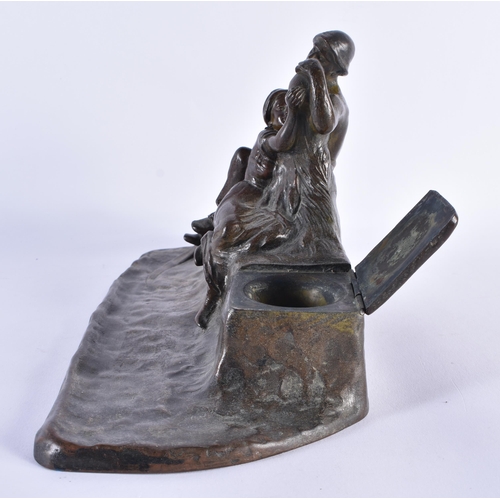 429 - antique cast bronze figural inkwell. Signed. 2419 grams. 14.5 cm x 28.5 cm.