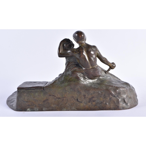 429 - antique cast bronze figural inkwell. Signed. 2419 grams. 14.5 cm x 28.5 cm.