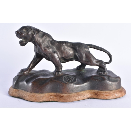 432 - Cast Bronze Sculpture of a Roaring Tiger on Wooden Base. 17.5 cm x 9.75 cm.