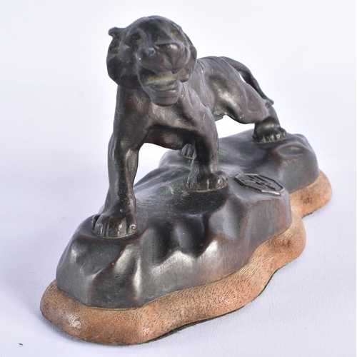 432 - Cast Bronze Sculpture of a Roaring Tiger on Wooden Base. 17.5 cm x 9.75 cm.