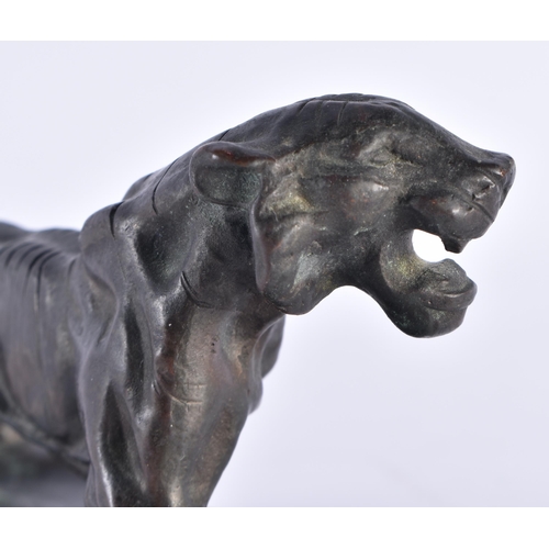 432 - Cast Bronze Sculpture of a Roaring Tiger on Wooden Base. 17.5 cm x 9.75 cm.