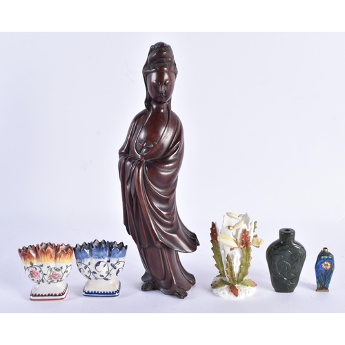 438 - A 19TH CENTURY CHINESE CARVED HARDWOOD FIGURE together with a jade snuff bottle etc. (qty)