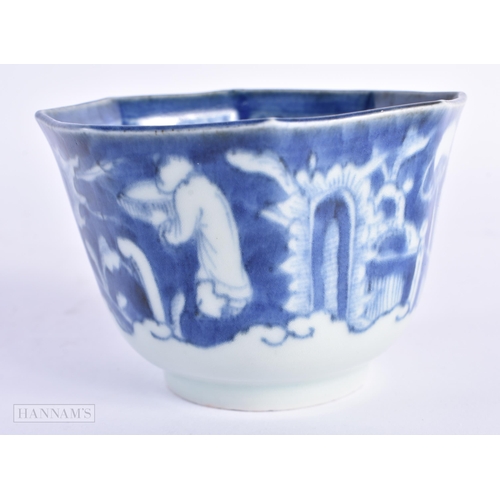 44 - AN EARLY 18TH CENTURY JAPANESE EDO PERIOD BLUE AND WHITE PORCELAIN BOWL painted with figures in land... 