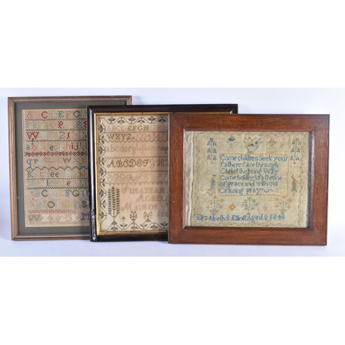 450 - THREE ANTIQUE EMBROIDERED SAMPLER. Largest 42 cm x 34 cm. (3)