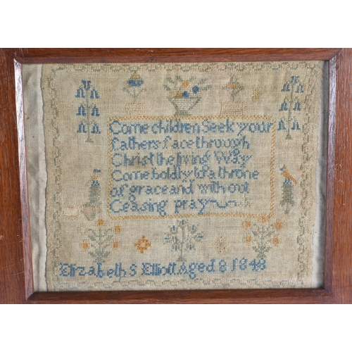 450 - THREE ANTIQUE EMBROIDERED SAMPLER. Largest 42 cm x 34 cm. (3)