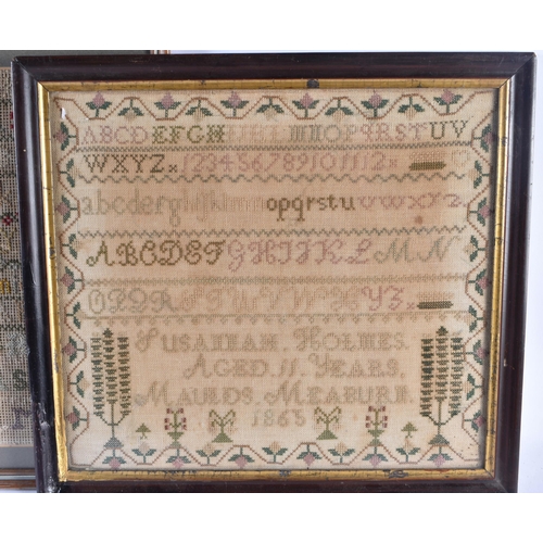 450 - THREE ANTIQUE EMBROIDERED SAMPLER. Largest 42 cm x 34 cm. (3)