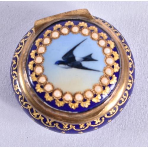 453 - Antique Enamel Patch Box w/ Depiction of a Swallow. 3 cm diameter.