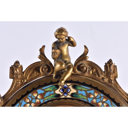 458 - Antique Champleve Enamel & Gold Gilded Bronze Mirror France Circa 1880 W/ Cherub. 24 cm x 14 cm.