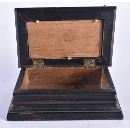 459 - 19th Century Ebonised Wood Tobacco / Smokers Box w/ Hinged Pietra Dura Inlay Lid. 11 cm x 8 cm.