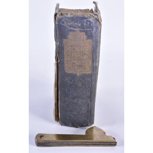 460 - An Antique blood letting instrument, together with a book Domestic medicine C1864, William Buchan. (... 