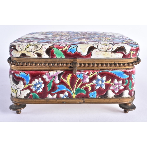 464 - 19th Century Longwy French Faience Pottery Jewellery Box, Brass Detail. 15 cm square.