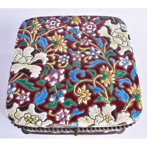 464 - 19th Century Longwy French Faience Pottery Jewellery Box, Brass Detail. 15 cm square.