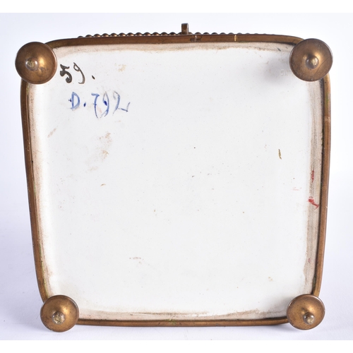 464 - 19th Century Longwy French Faience Pottery Jewellery Box, Brass Detail. 15 cm square.