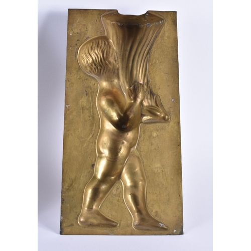 472 - Letang Fils Paris Antique Brass Confectunary Mould Putto Holding Cornucopia. 19 cm x 10 cm. (2)