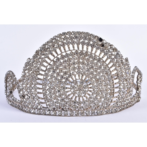 473 - 19th Century Colourless Paste Tiara Semi Circle Head Piece W/ Replaced Strap & Antique Needlework Ta... 