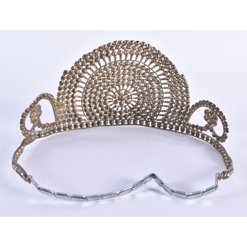 473 - 19th Century Colourless Paste Tiara Semi Circle Head Piece W/ Replaced Strap & Antique Needlework Ta... 