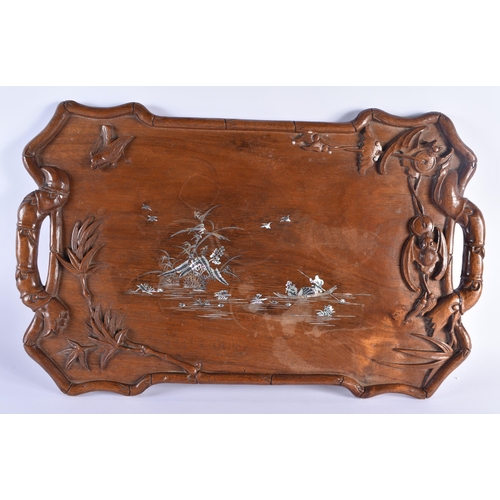 477 - A LARGE LATE 19TH/20TH CENTURY CHINESE HARDWOOD MOTHER OF PEARL INLAID TRAY Late Qing. 54 cm x 35 cm... 