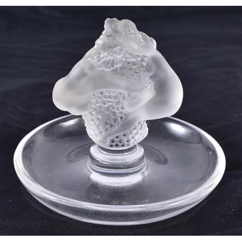 485 - A LALIQUE GLASS NUDE AND GRAPE PIN DISH. 9 cm high.