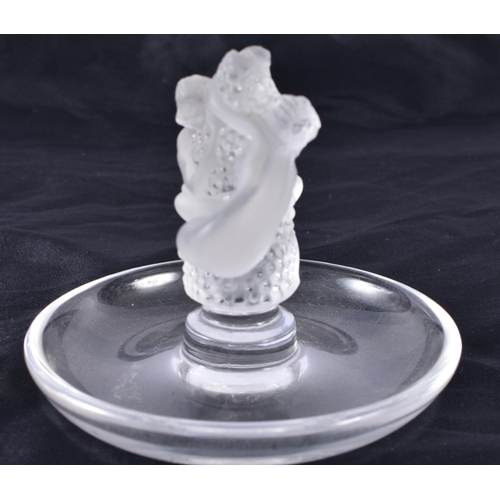 485 - A LALIQUE GLASS NUDE AND GRAPE PIN DISH. 9 cm high.