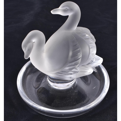 486 - A LALIQUE GLASS DOUBLE SWAN PIN DISH. 11 cm high.