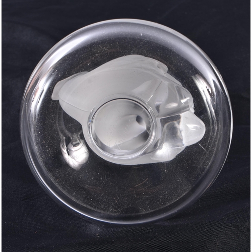 486 - A LALIQUE GLASS DOUBLE SWAN PIN DISH. 11 cm high.