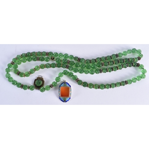 520 - Chinese Export Silver Enamel Pendant Beaded Necklace. 114 grams. 116 cm long.