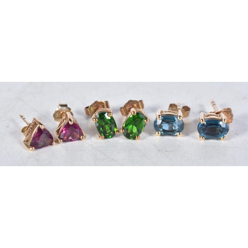 521 - Three Pairs of 9 Carat Gold Garnet, Blue Topaz & Diopside Stud Earrings.  Stamped 375.  Largest 0.6c... 