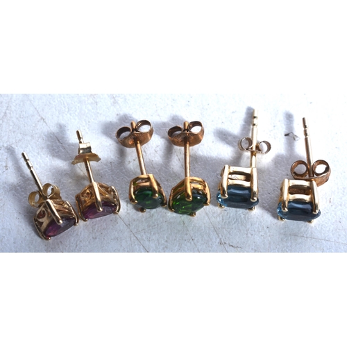 521 - Three Pairs of 9 Carat Gold Garnet, Blue Topaz & Diopside Stud Earrings.  Stamped 375.  Largest 0.6c... 