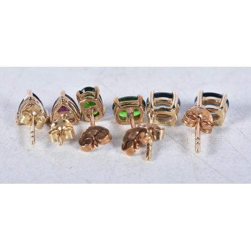 521 - Three Pairs of 9 Carat Gold Garnet, Blue Topaz & Diopside Stud Earrings.  Stamped 375.  Largest 0.6c... 