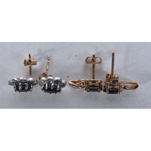 524 - Two Pairs of 9 Carat Gold Sapphire & Diamond Earrings.  Stamped 9CT, largest 1.1 cm x 0.5cm, total w... 