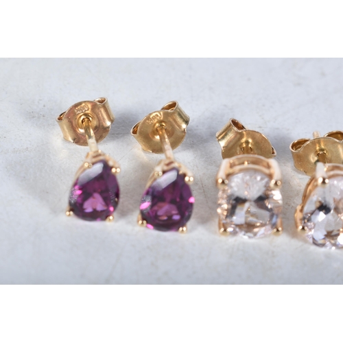 525 - Two Pairs of 10 Carat Gold Stud Earrings  1 pair set with Garnet and the other set with Morganite.  ... 