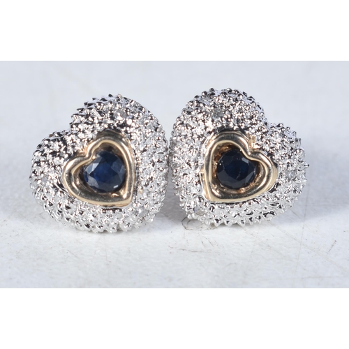 529 - A Pair of 9 Carat Gold Sapphire & Diamond Heart Shape Stud Earrings.  0.9cm x 1 cm, weight 2.6g