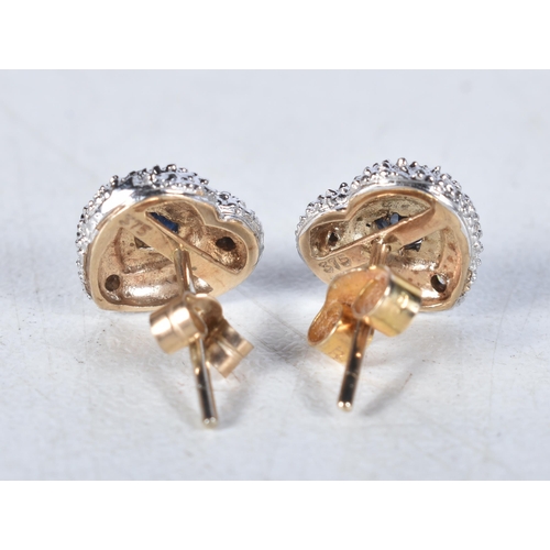 529 - A Pair of 9 Carat Gold Sapphire & Diamond Heart Shape Stud Earrings.  0.9cm x 1 cm, weight 2.6g