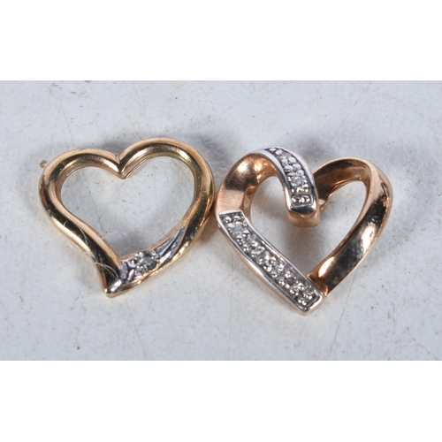 535 - Two 9 Carat Gold Diamond Heart Pendants.. Stamped 375.  Largest 1.2cm x 1.3cm, total weight 1.8g