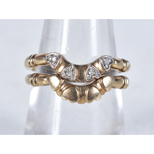 537 - Two 9 Carat Gold Diamond Heart Shape Curved Rings.  Stamped 375.  Size M, weight 3.6g (2)