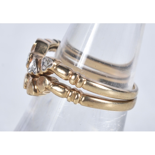 537 - Two 9 Carat Gold Diamond Heart Shape Curved Rings.  Stamped 375.  Size M, weight 3.6g (2)