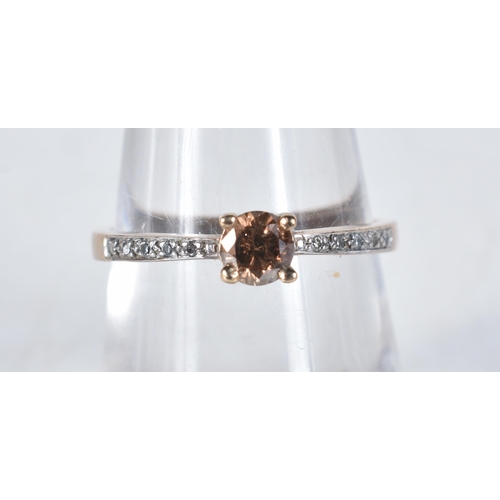 547 - A 9 Carat Gold Chocolate Diamond Solitaire with Diamond Shoulders Ring.  Stamped 375.  Size N, weigh... 