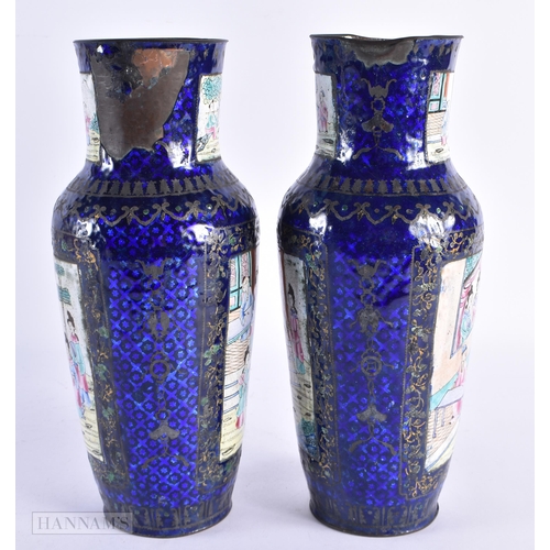 56 - A PAIR OF 19TH CENTURY CHINESE CANTON ENAMEL VASES Qing. 27 cm high.