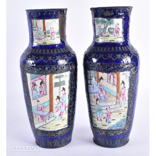 56 - A PAIR OF 19TH CENTURY CHINESE CANTON ENAMEL VASES Qing. 27 cm high.