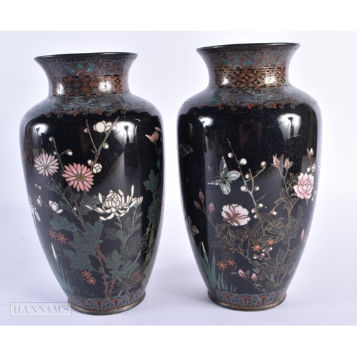 59 - A PAIR OF 19TH CENTURY JAPANESE MEIJI PERIOD CLOISONNE ENAMEL VASES decorated with birds amongst fol... 